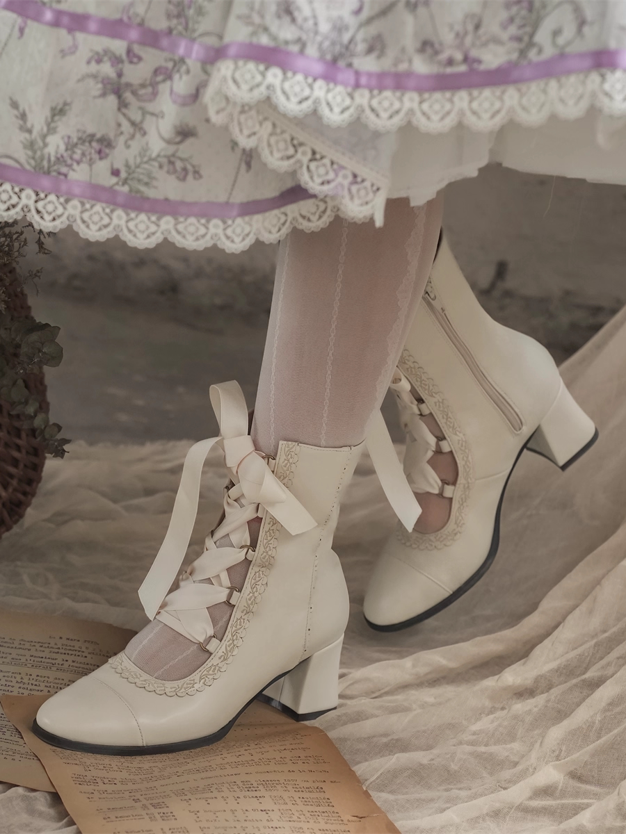 Angel Floral Wall - Classic Lolita Straps Ankle Boots, Side Zipper 45766:861584