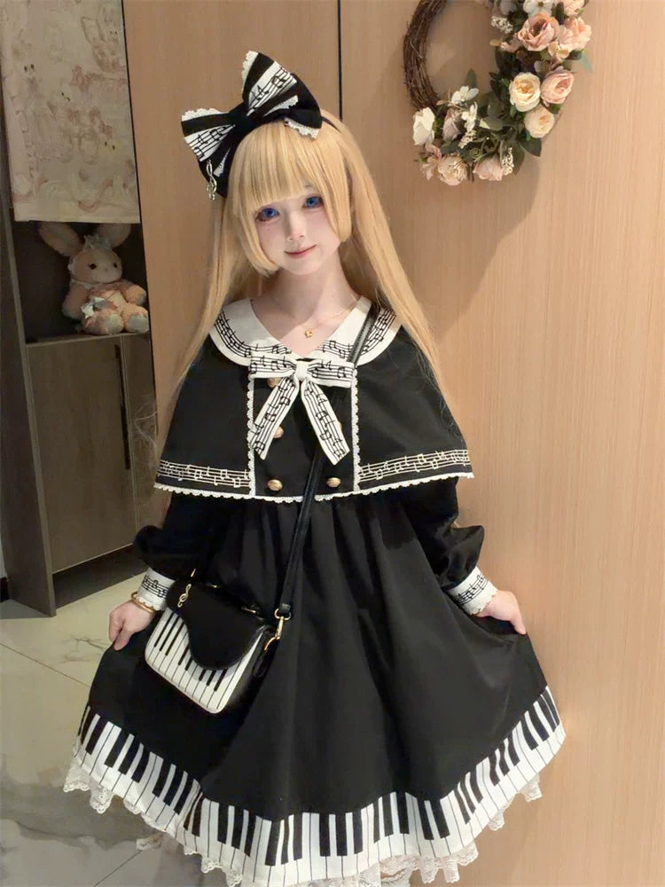 Piano Serenade - Old School Lolita Cape Layered Dress, Musical Note Embroidery 45785:862517