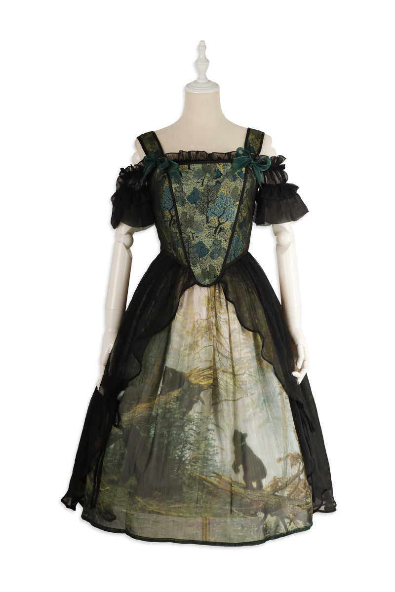 Cyan - Morning of Pine Forest - Elegant Lolita Bear Print Skirt S black inner skirt+skirt+jacquard corset
