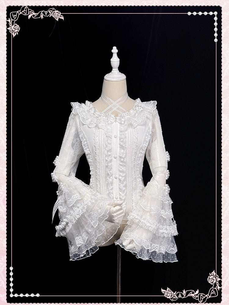 Shuang Sheng Xiao Xiong - Heart of Love - Lace Sweet Lolita Shirt, Hime-Sleeves White - Shirt Only XS