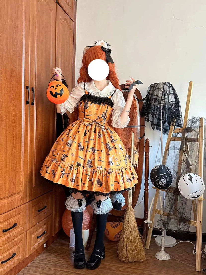 (Buyforme)Strawberry Alice~Mew Mew Witch Halloween Cat Print Lolita JSK   