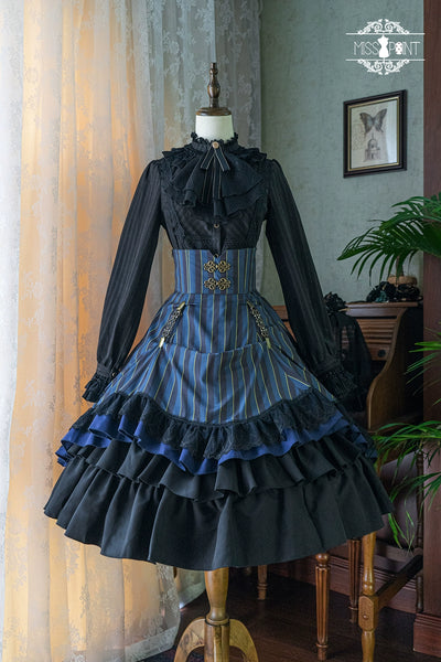 (Buyforme)Miss Point~Customized Lolita Elegant Striped High Waisted Fishbone SK XS navy blue stripe 