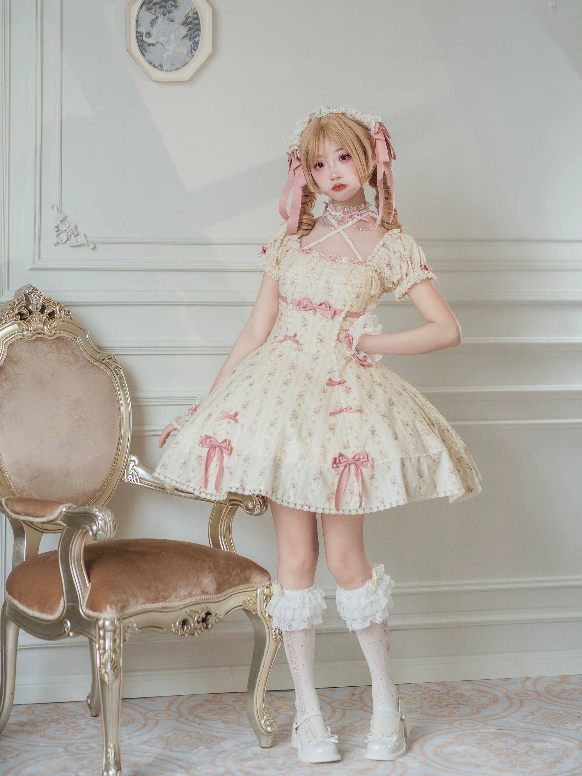 Garden Encounter of Three Springs - Cotton Old School Lolita Floral Print OP, Lace Back Opening (L M S XL) 45674:858609