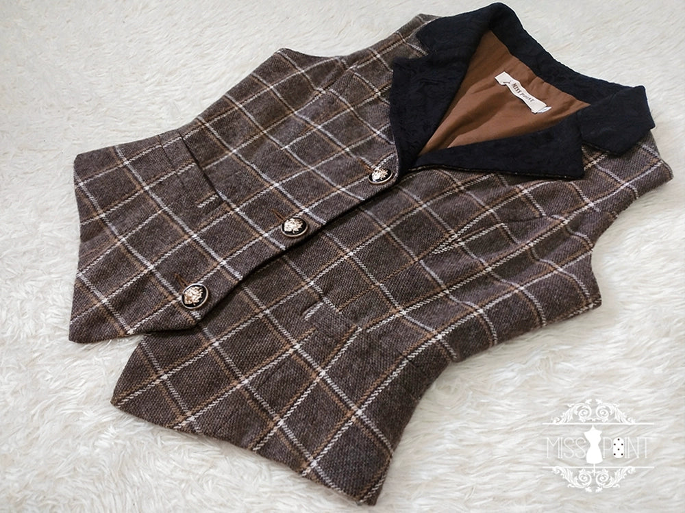 (BFM)Miss Point~Rose~Elegant Lolita Pliad Print Vest Customized S dark brown grid (2XL S XL) 32510:385384