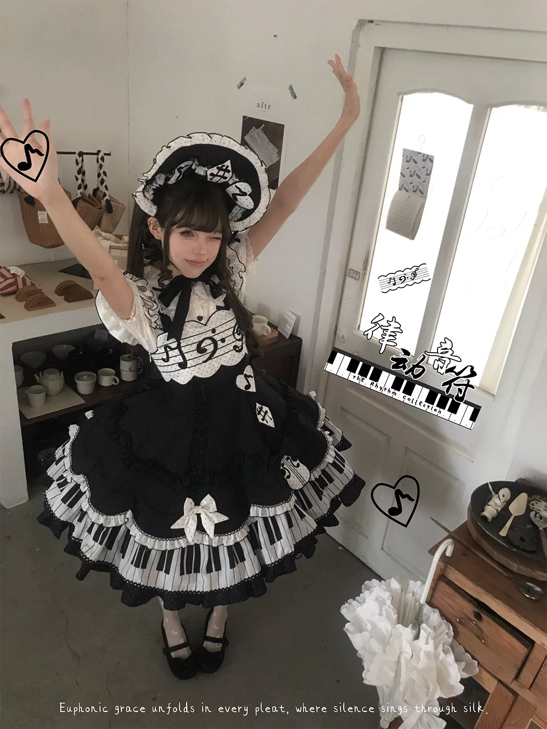 Rhythm Note - Old School Lolita JSK Dress with Piano Keys Hem 45742:860639