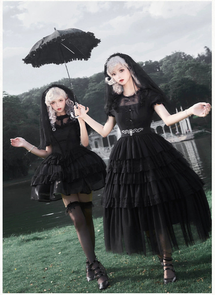 With PUJI~Ivory Tower Enhance~Elegant Lolita JSK Dress Tiered Drawstring OP