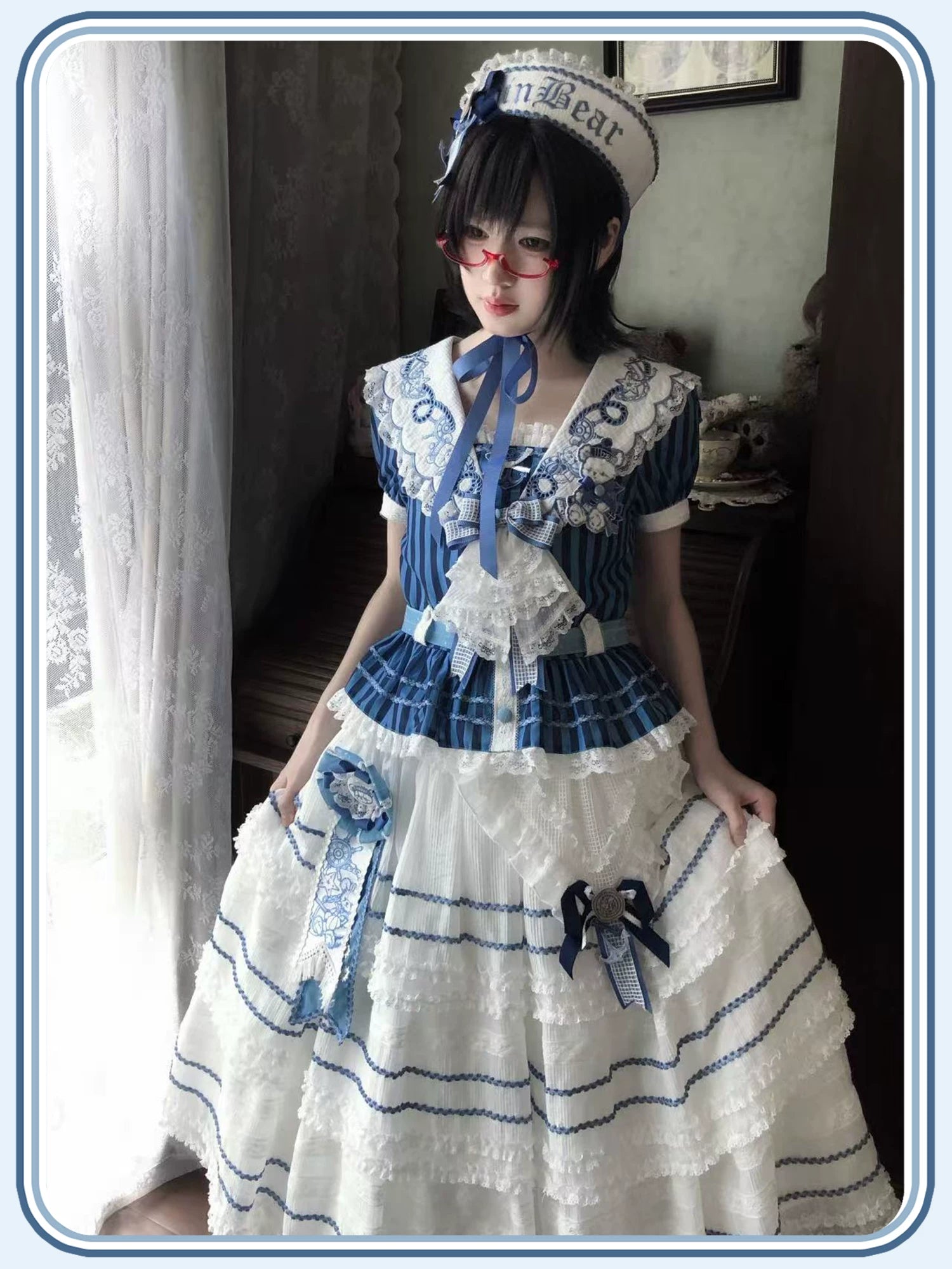 Antique Naval Bear - Striped Classic Lolita Sailor Collar OP, Bear Embroidery 45518:854008