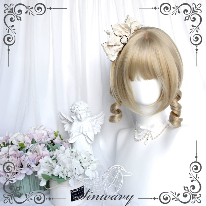 Sinwavy~Retro Lolita Wigs Beige Gold Roman Roll Wig Short beige gold hair  