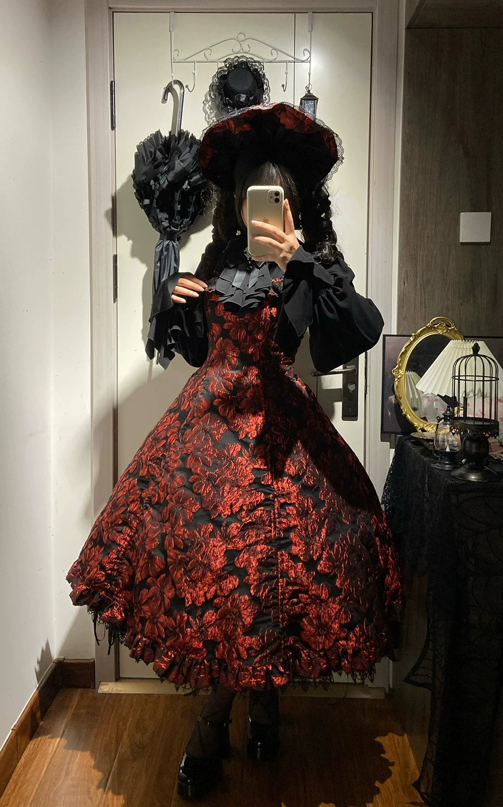 Midnight Lily - Gothic Lolita Lily Jacquard JSK Dress, Drawstring Lift-up Hem 45765:861824