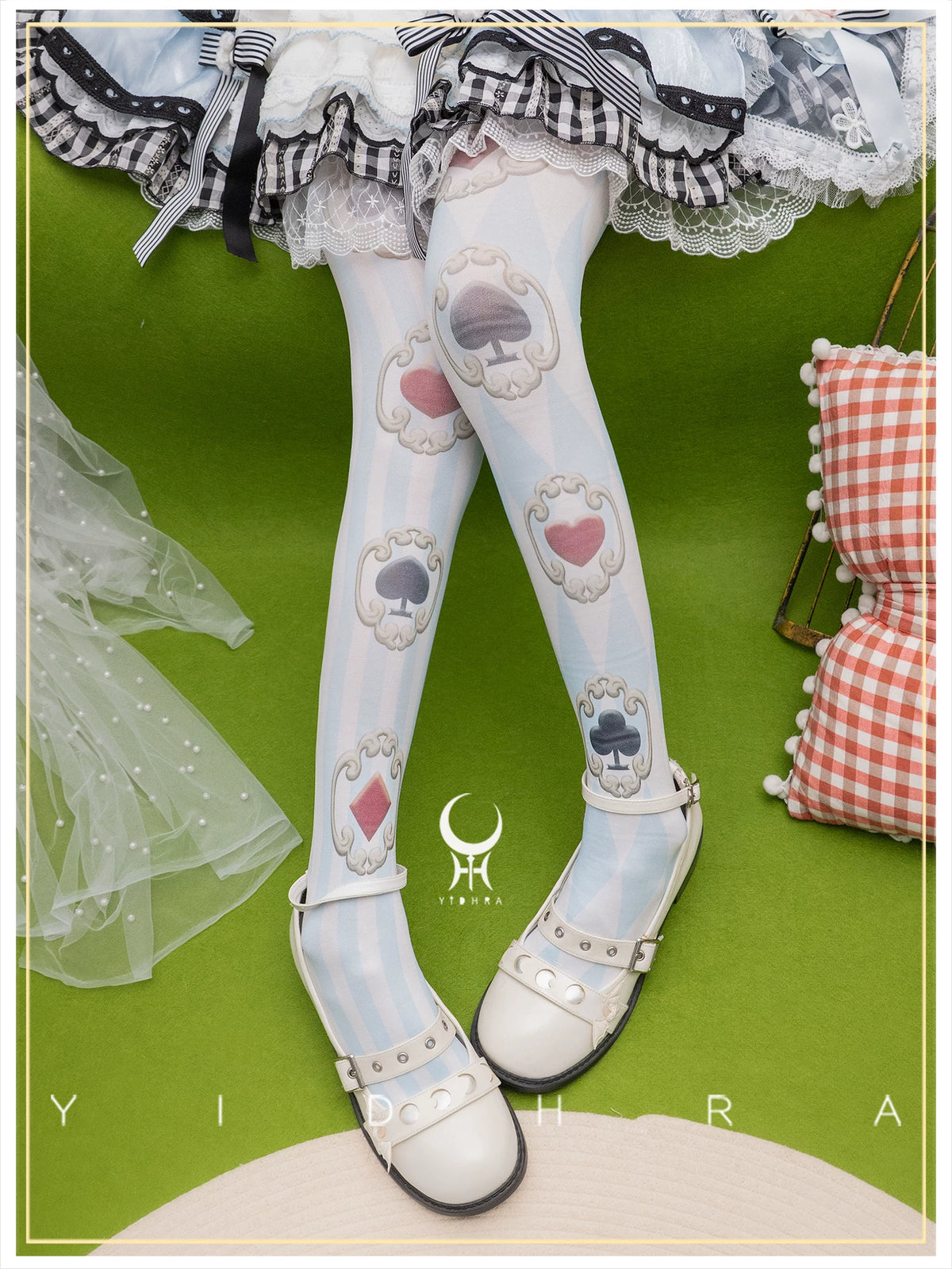 Hana & Alice - Sweet Lolita Velvet Pantyhose, Playing Card Print Light Blue (one size)