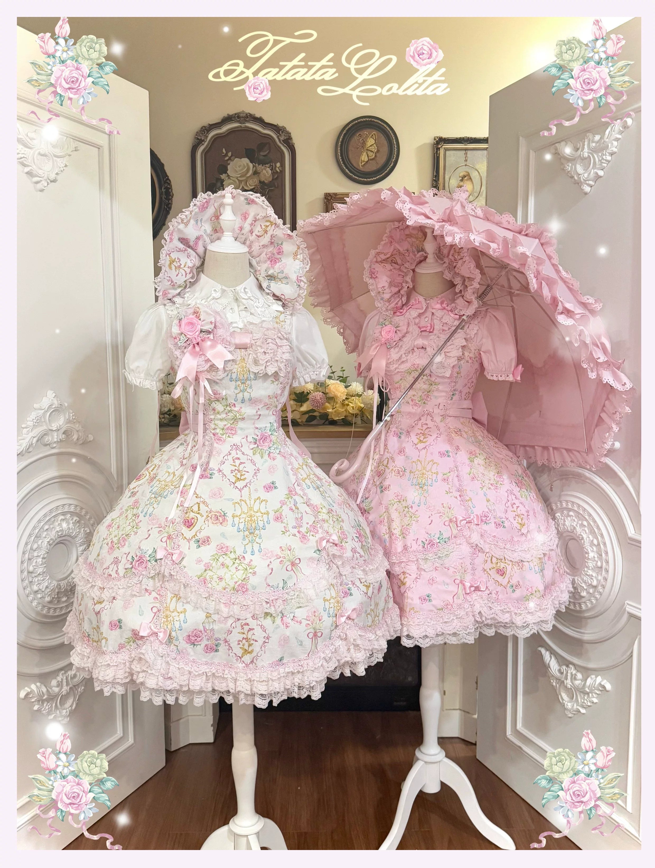 Spring 2025 - Old School Lolita Floral Print JSK Dress, Doll-Like OP White - JSK Only S
