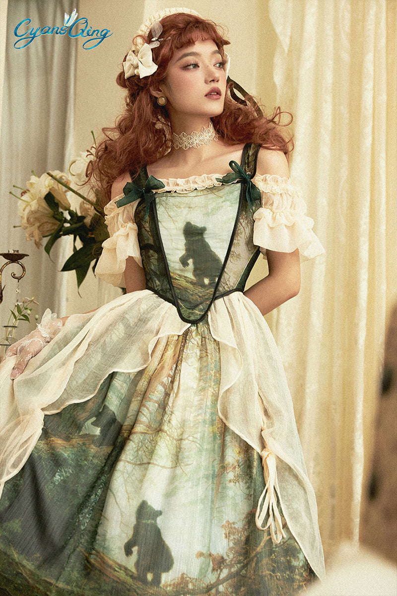 Cyan~Morning of Pine Forest~Elegant Lolita Bear Print Skirt   