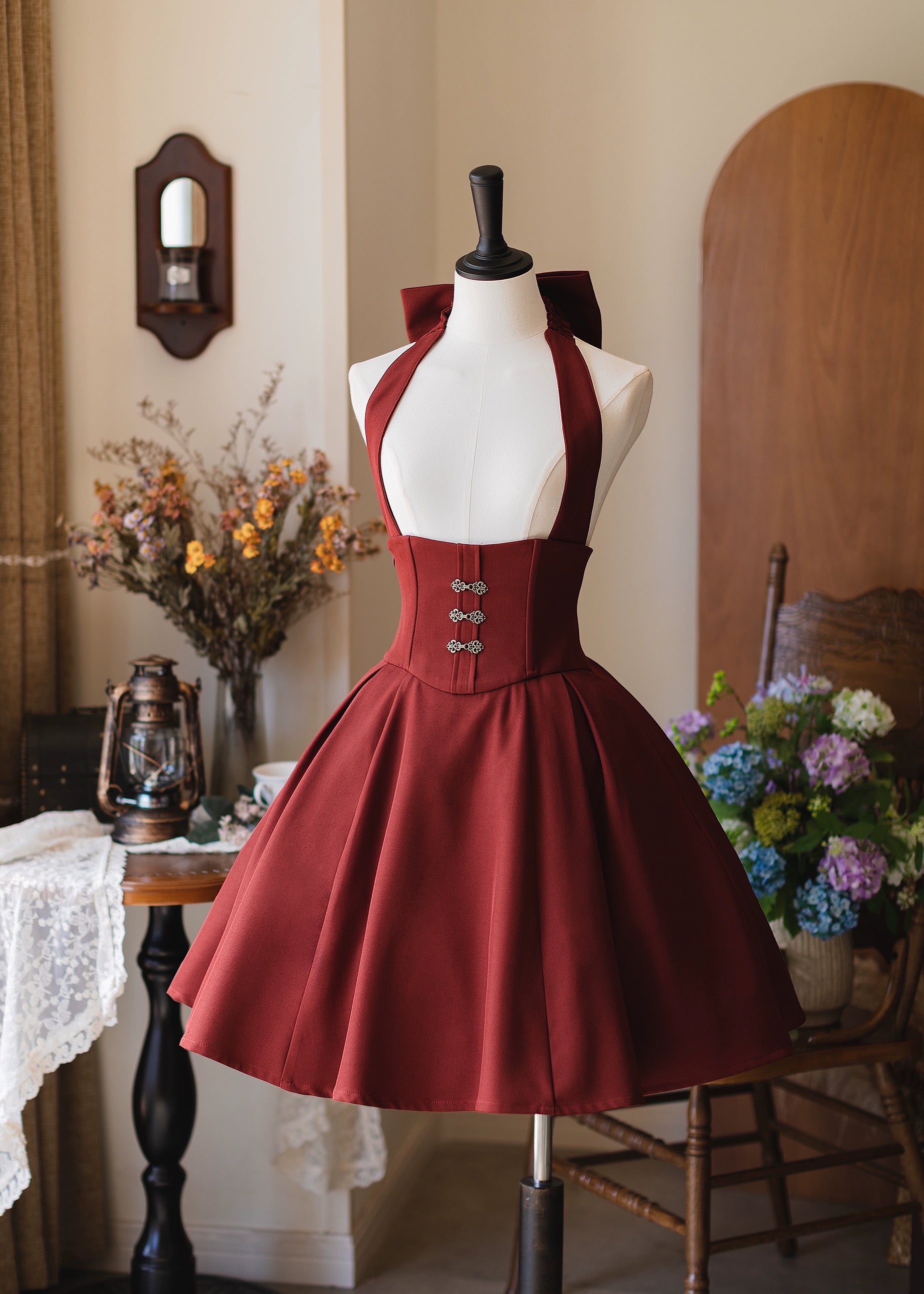 Forest Wardrobe - Vintage Lolita Fishbone Halter SK, Autumn Jacket S Halter Skirt Only - Red Short Version