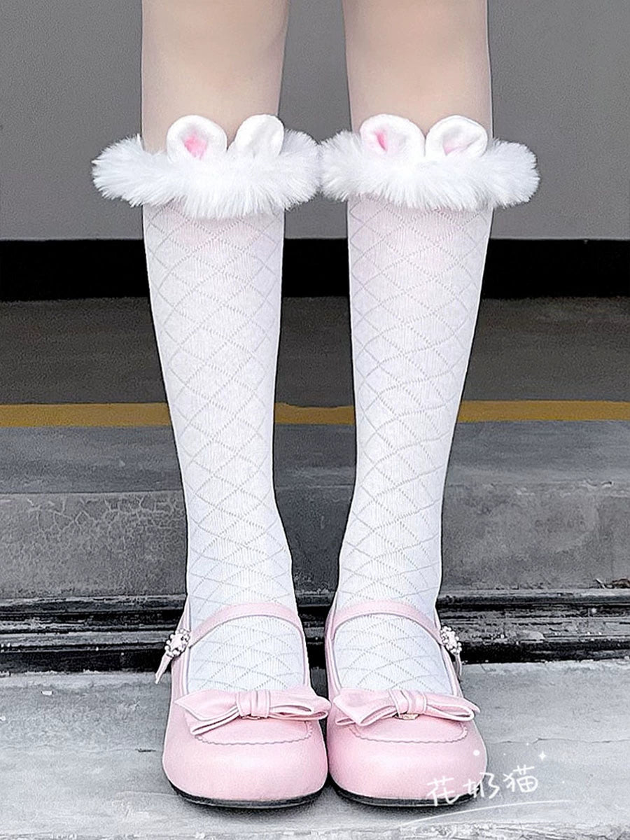 Hua Nai Cat~Winter Lolita Socks Cute Plush Lace Calf Socks Milk white - straight tube socks (about 30cm) Free size 