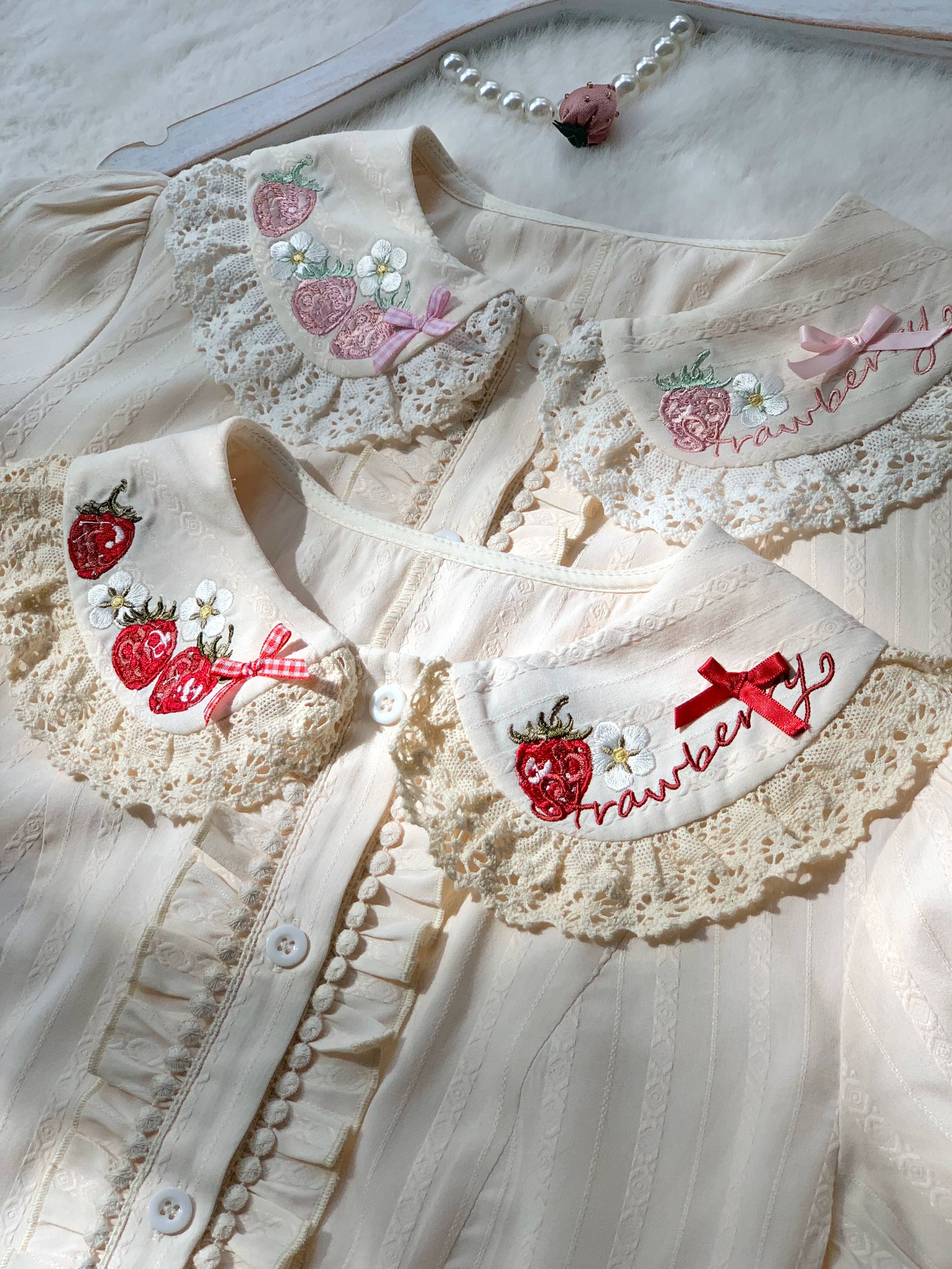 Sweet Lolita Jacquard Blouse, Strawberry Embroidery Collar (L M S XL) 45673:858125