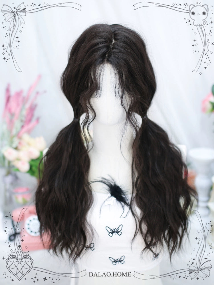Dalao~Fantasy~Lolita Curly Wig Japanese Lace Natural Long Hair Black Tea Wig  