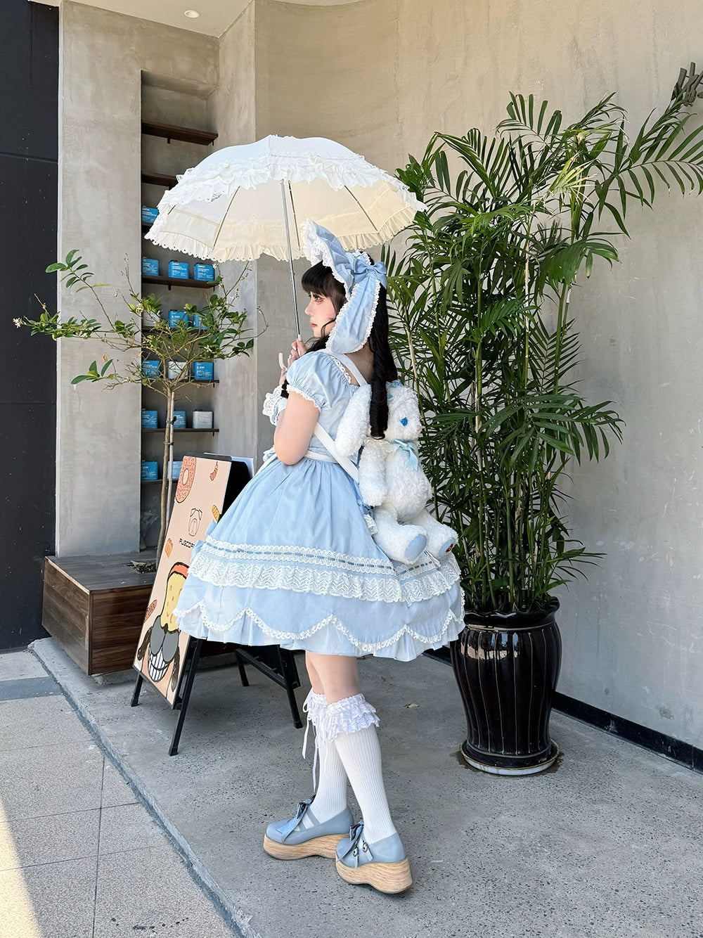 Miss Point - Vintage Petal Rabbit - Old School Lolita OP Cotton Dress With Petal-Shaped Hem 43135:768513