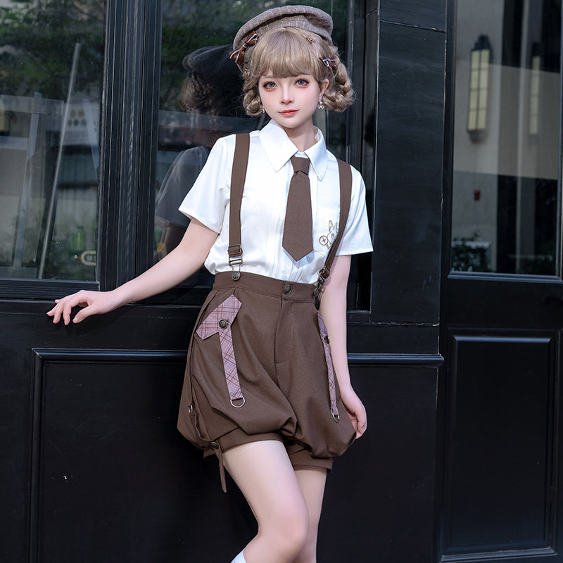 Letters from Unknown Star - Ouji Lolita Brown Short Set S short sleeve shirt (with a tie)