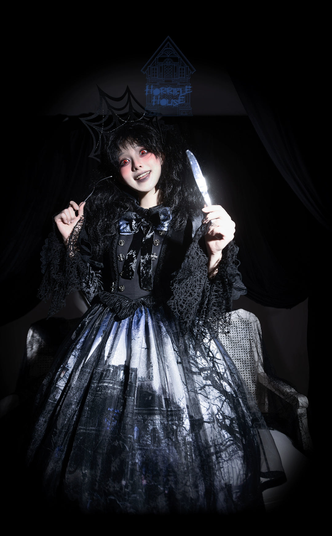 LilithHouse~Horror House~Gothic Lolita OP Set with Cape and Castle Print