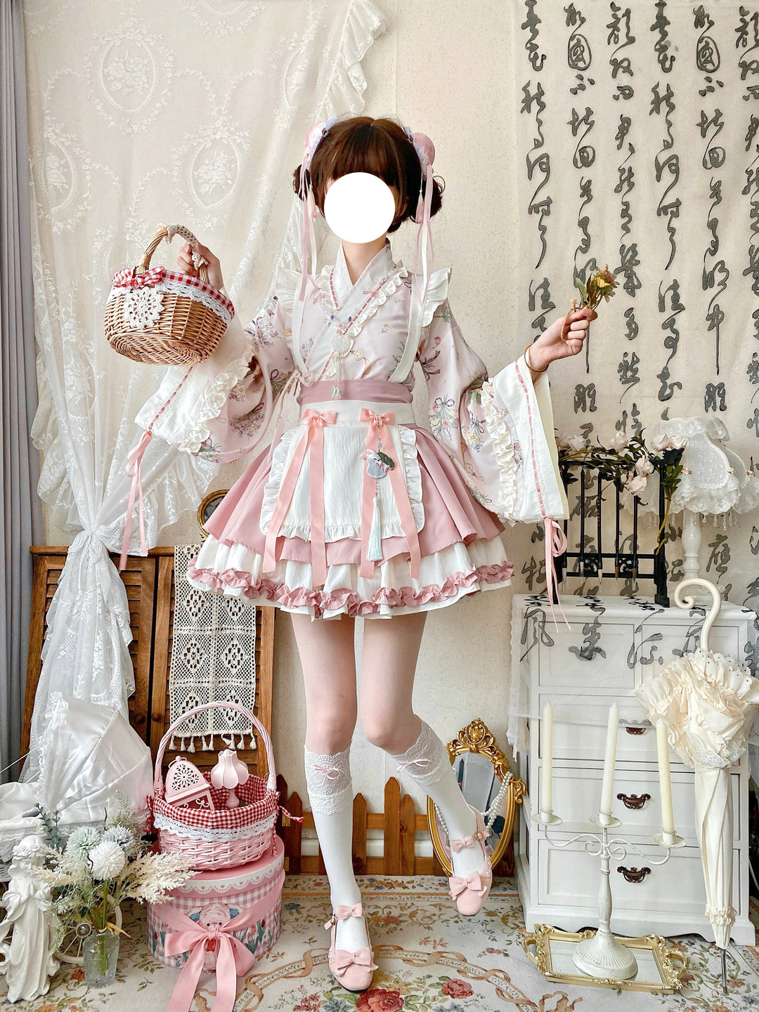 Qianmu~Little Herbalist~Han Lolita Skirt Outfit with Cross-collar Blouse and Apron