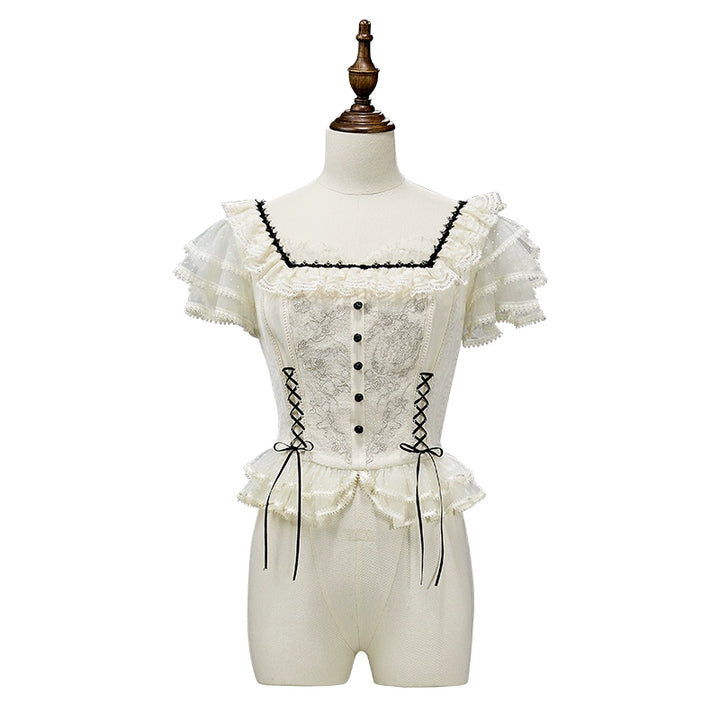 Nuit De Cellophane~Wild Swan~Elegant Lolita Dress Suit with Swan Embroidery Beige-top only XS