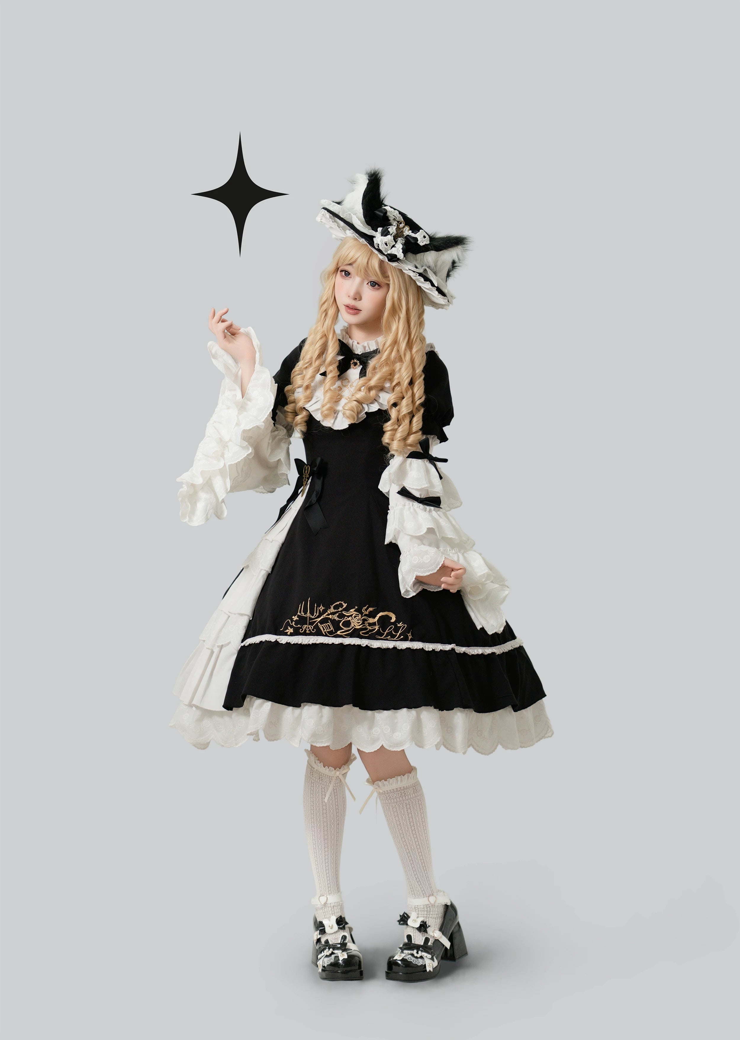Sewing Magic Cat - Classic Lolita Six-Panel OP Dress with Embroidery OP + Hime Sleeves + Cat Ear Hat S