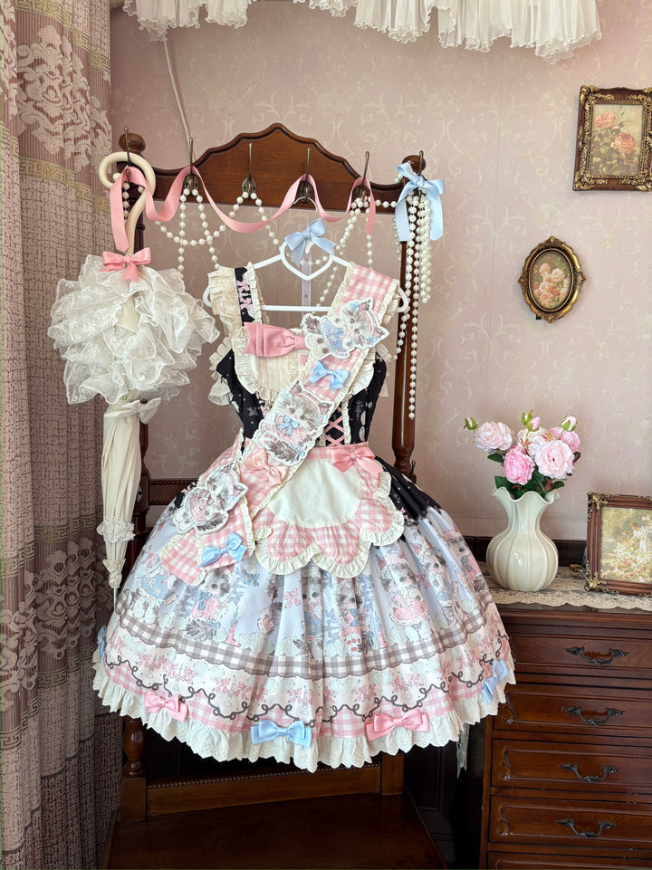 Shattered Lace Dream - Shattered Cat - Cat Printed Kawaii Lolita JSK Dress, Embroidered Sash Black and Pink Full Set(JSK+apron+sash+cat-ear headband+waist tie) S