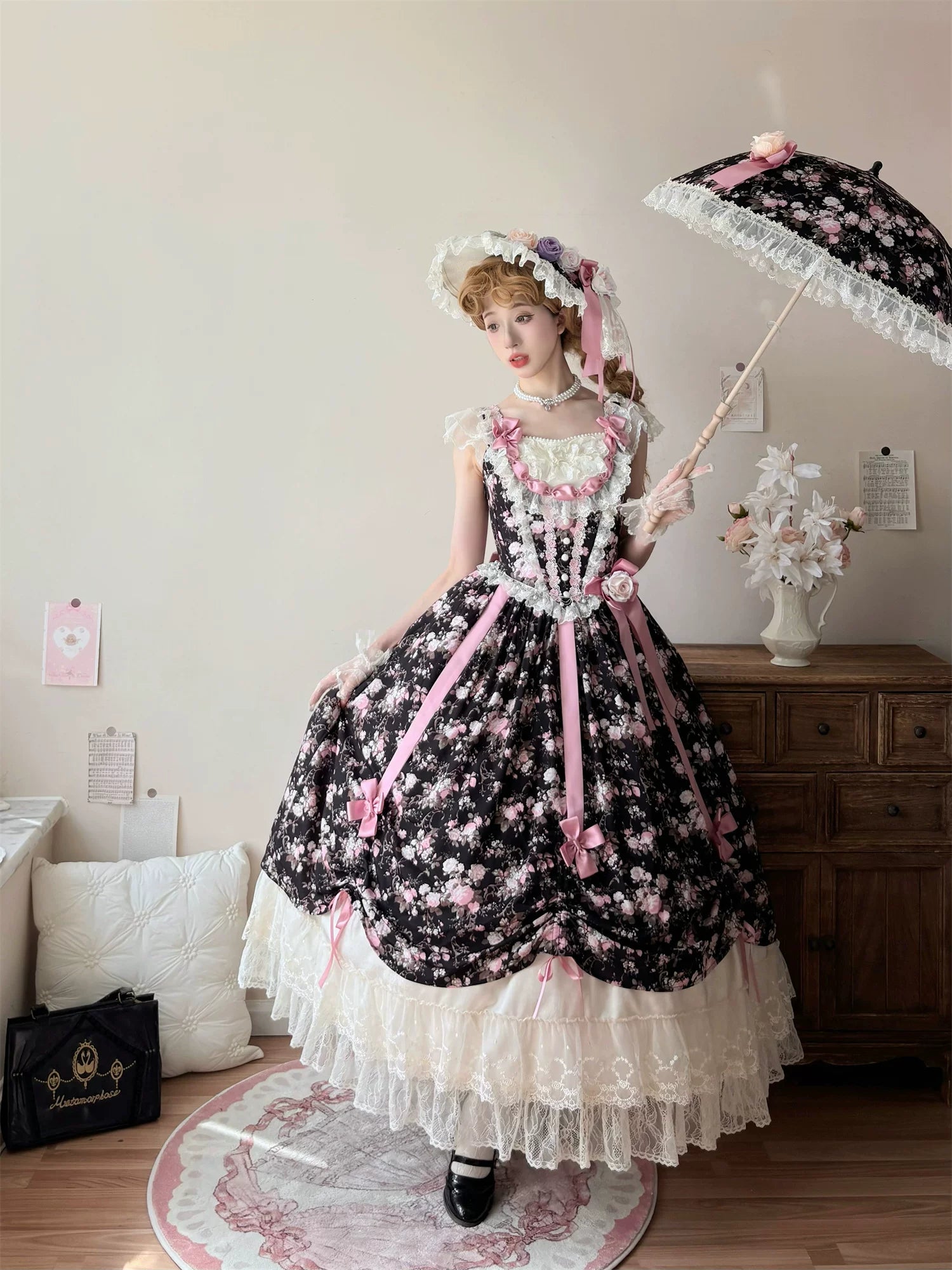 Dolota Flower Wall - Classic Lolita Floral OP Dress, Open Shoulder (L M S XL) 44485:811209