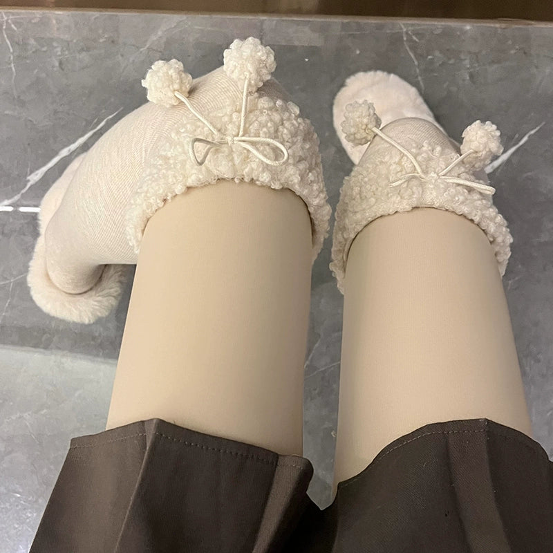 Hua Nai cat~Kawaii Winter Lolita Stockings Fuzzy Trim Furball Over-knee Socks Free size Cream apricot 