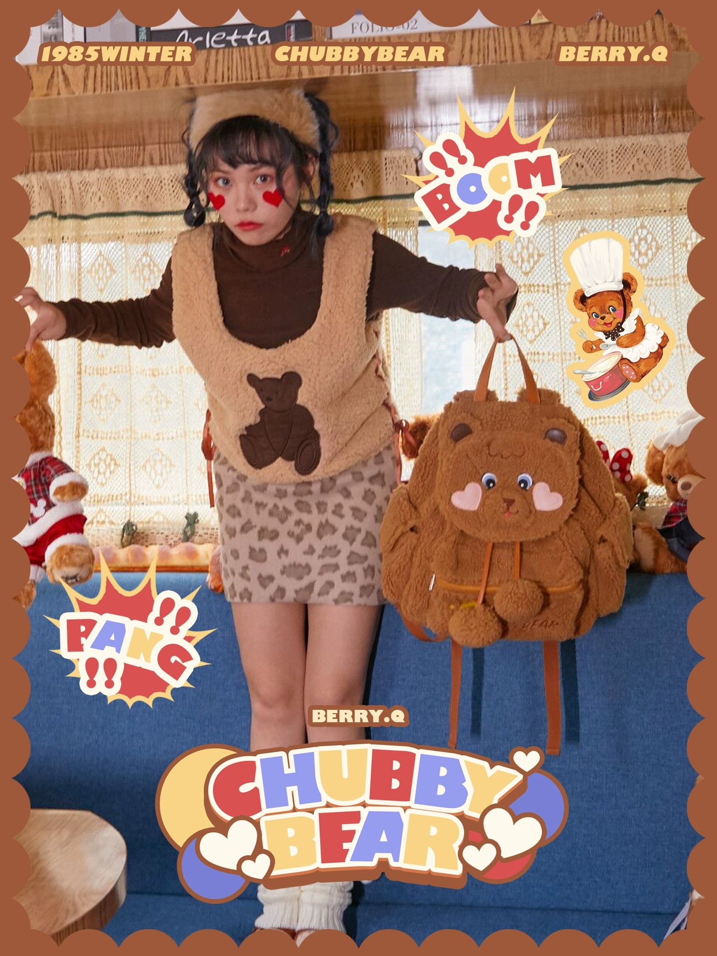 BerryQ~Chubbybear~Kawaii Lolita Plush Embroidered Brown Backpack   