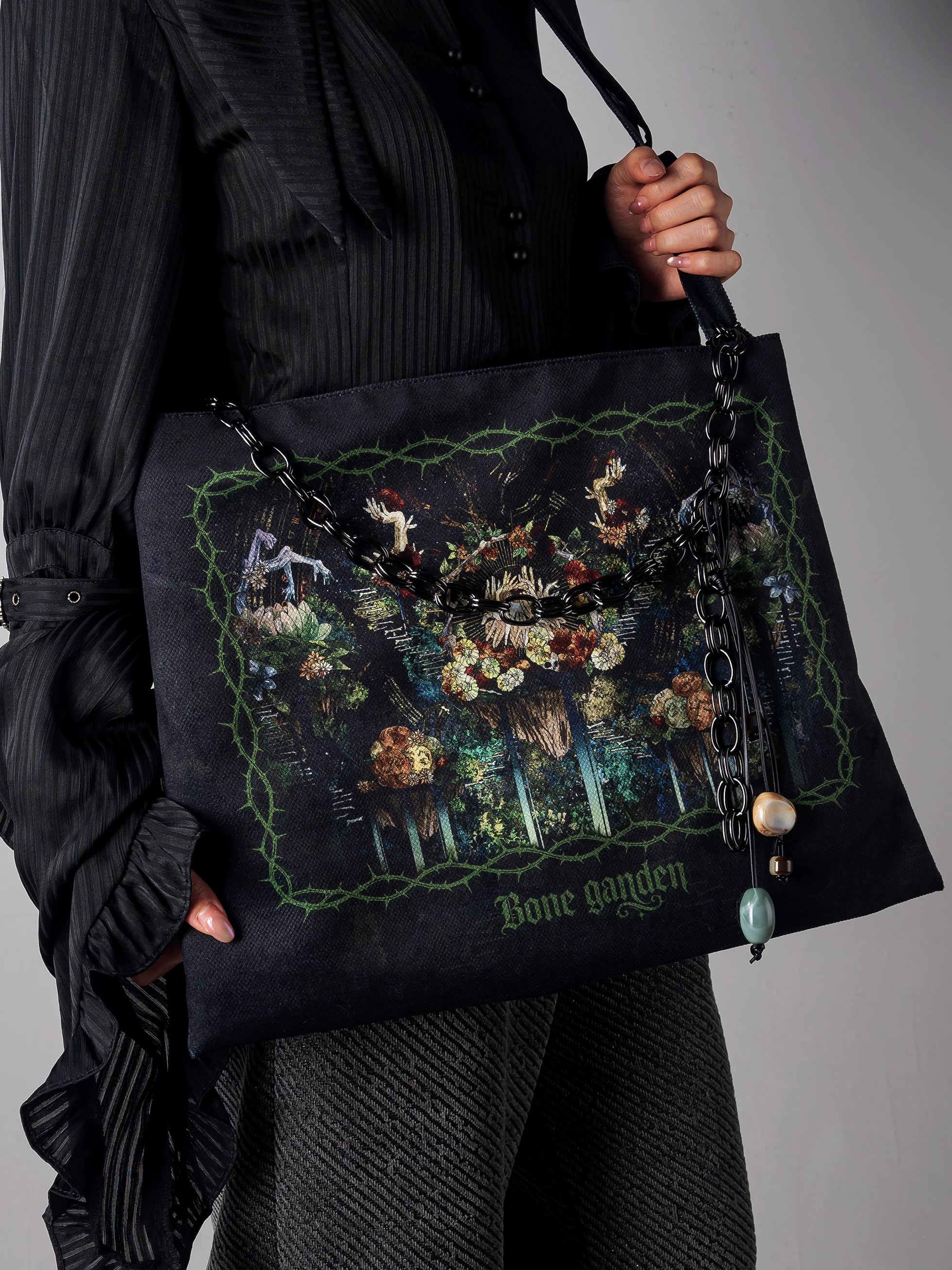 Bone Garden - Gothic Lolita Printed Tote Bag, Adjustable Strap (Black) 45188:839596