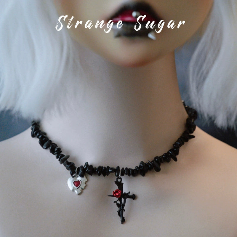 Strange Sugar - Handmade Gothic Lolita Choker, Multiple Pendant Black and Red Rose Cross