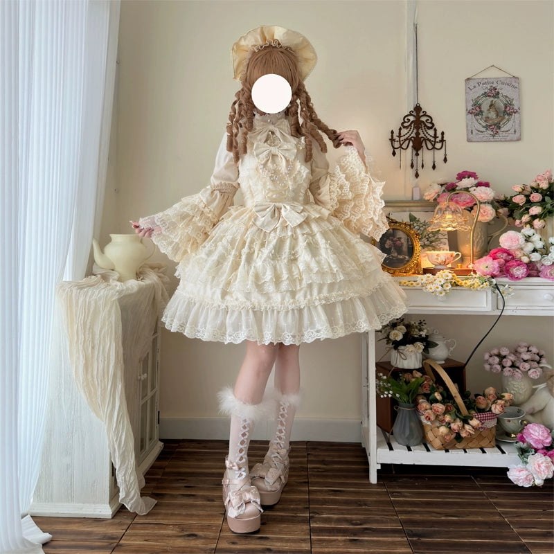 Hanguliang~Love and Heart Palpitations~Wedding Lolita JSK Bridal Lolita Dress S Apricot JSK