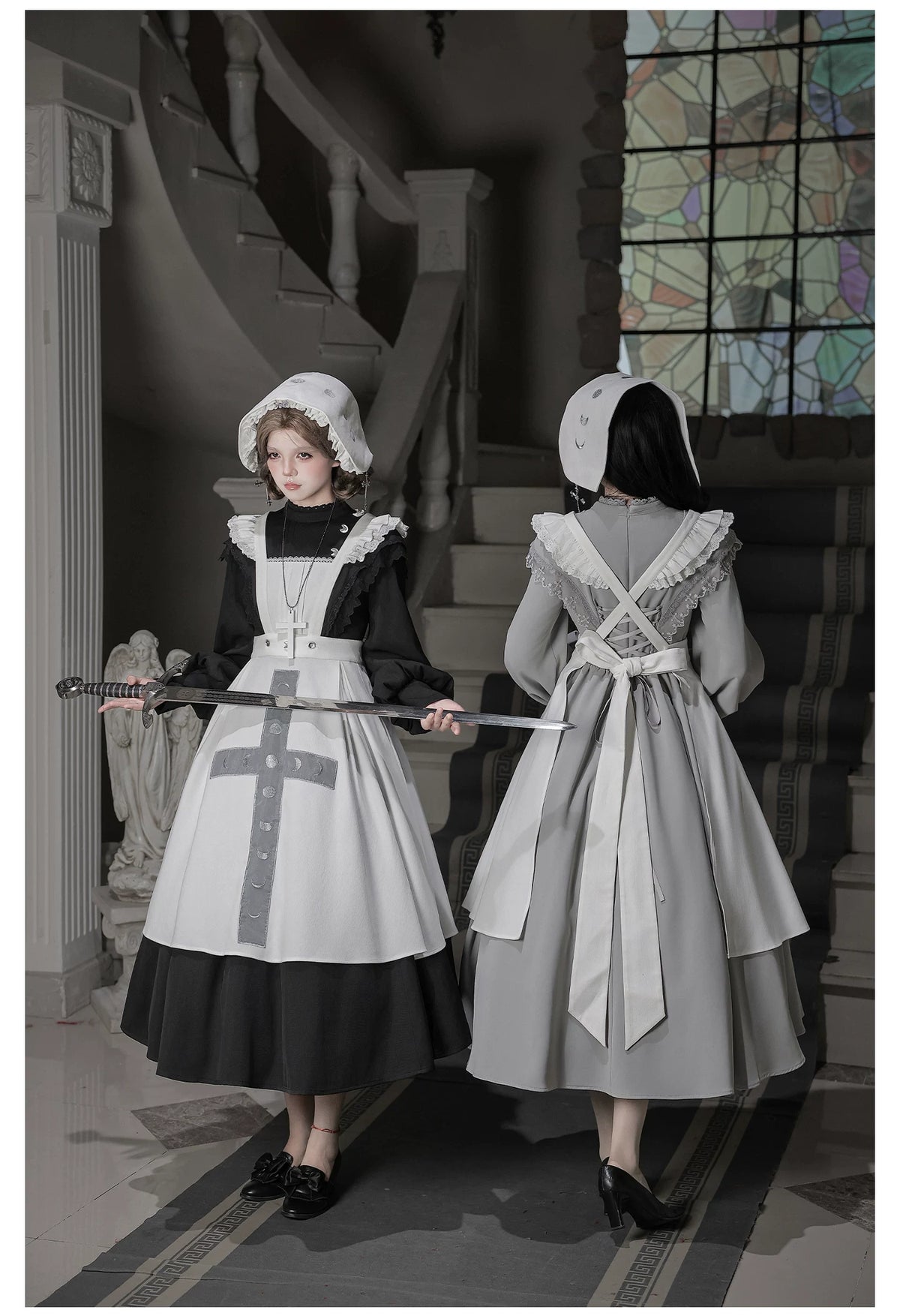 Moon Phase - Gothic Lolita OP Dress Set, Detachable Cross-Shaped Apron 46035:873383