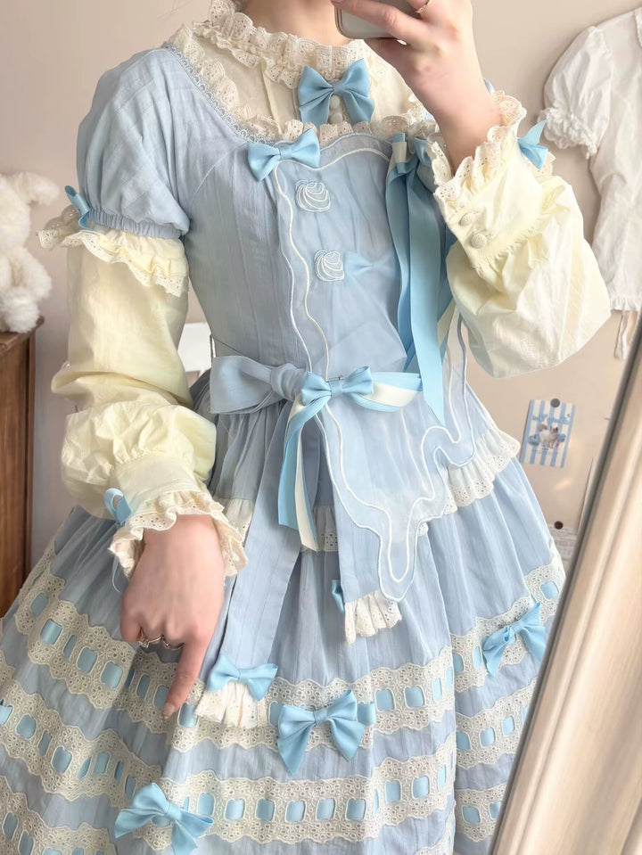 Uncle Wall Original~Cream Piping Artist~Cotton Sweet Lolita OP Halter-neck Dress With Accessory