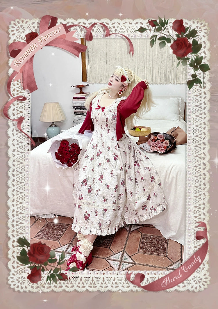Yingtang~Plus Size Lolita Cardigan Set Elegant French Rose Print Dress 31448:375736