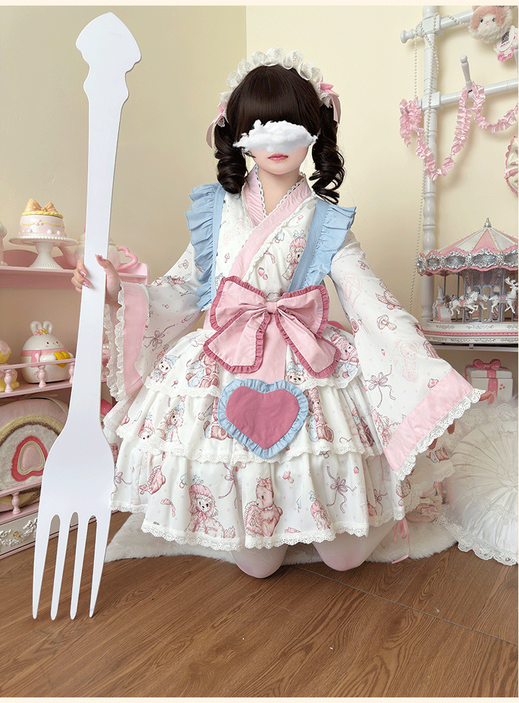 Niu Niu - Showa Moe Bear - Plus Size Wa Lolita Dress Set Kawaii Lolita SK Suit white top only L