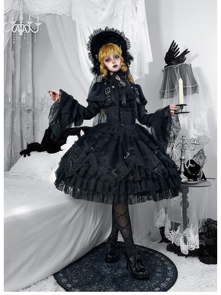 Dark Fog Feast - Gothic Lolita Bust-support Strap Dress, Lace & Cross 45256:842577