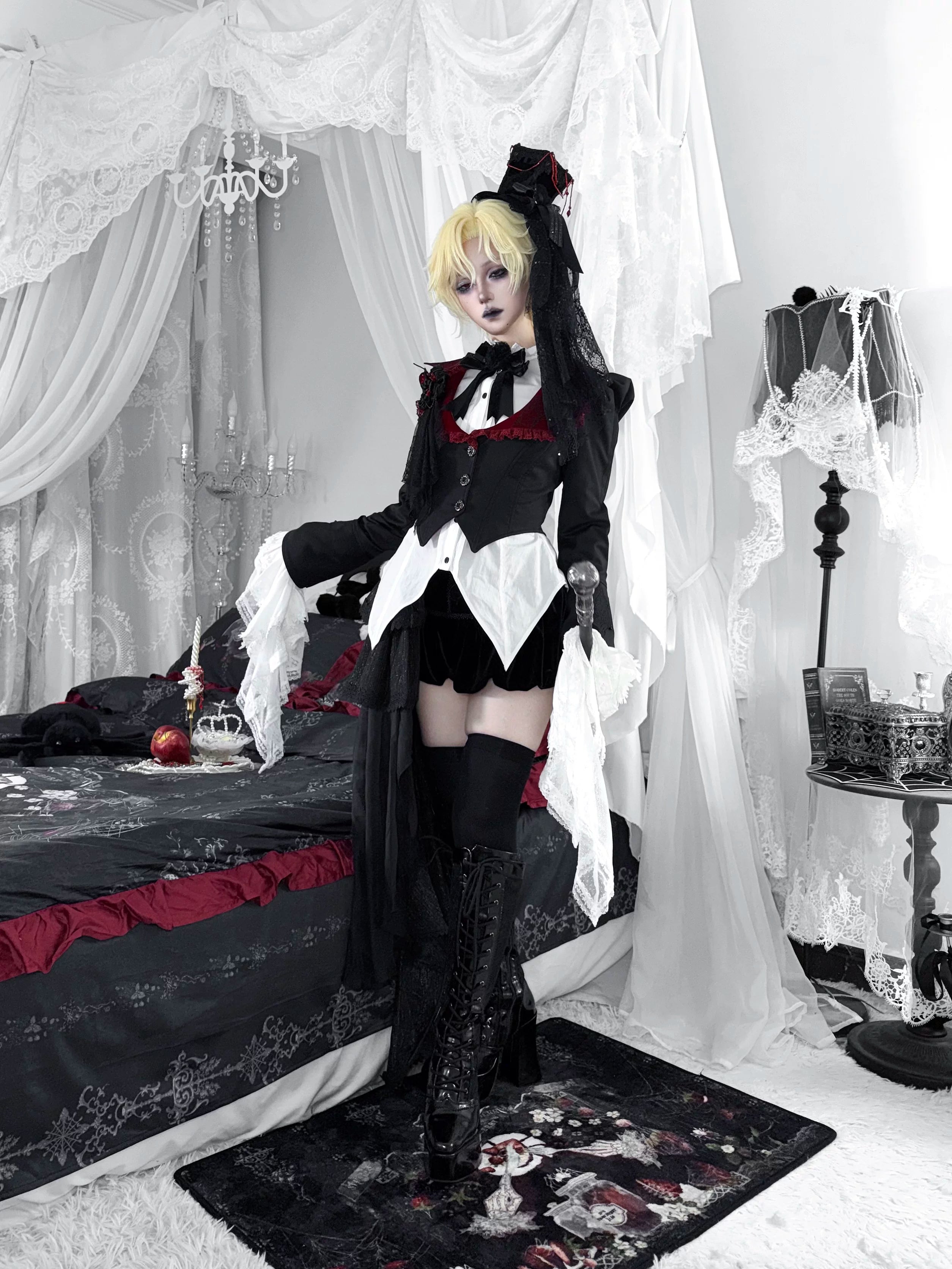 Monster Strawberry Hunt - Gothic Lolita Strawberry Printed Velvet Dress Set 45737:859903