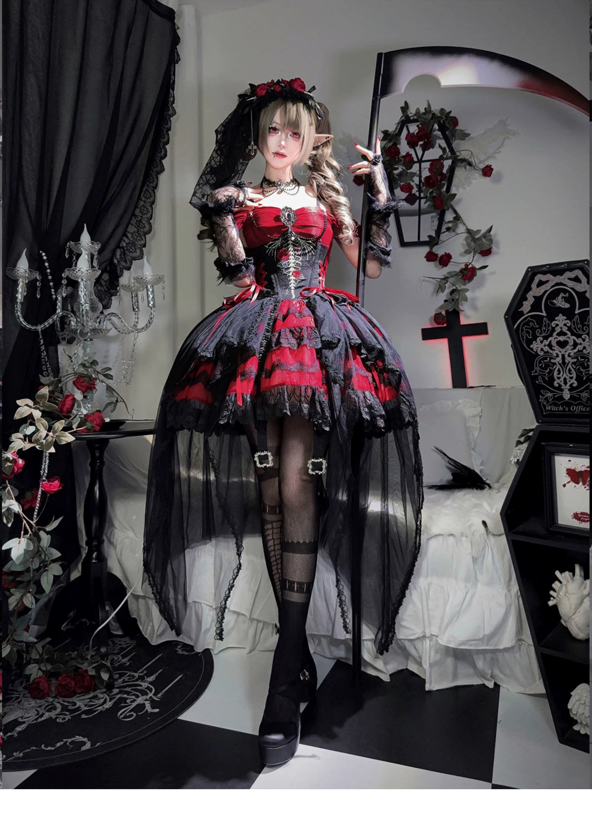 Eternal Thorn of the Dragonbone - Embroidered Gothic Lolita JSK Dress, Off-Shoulder