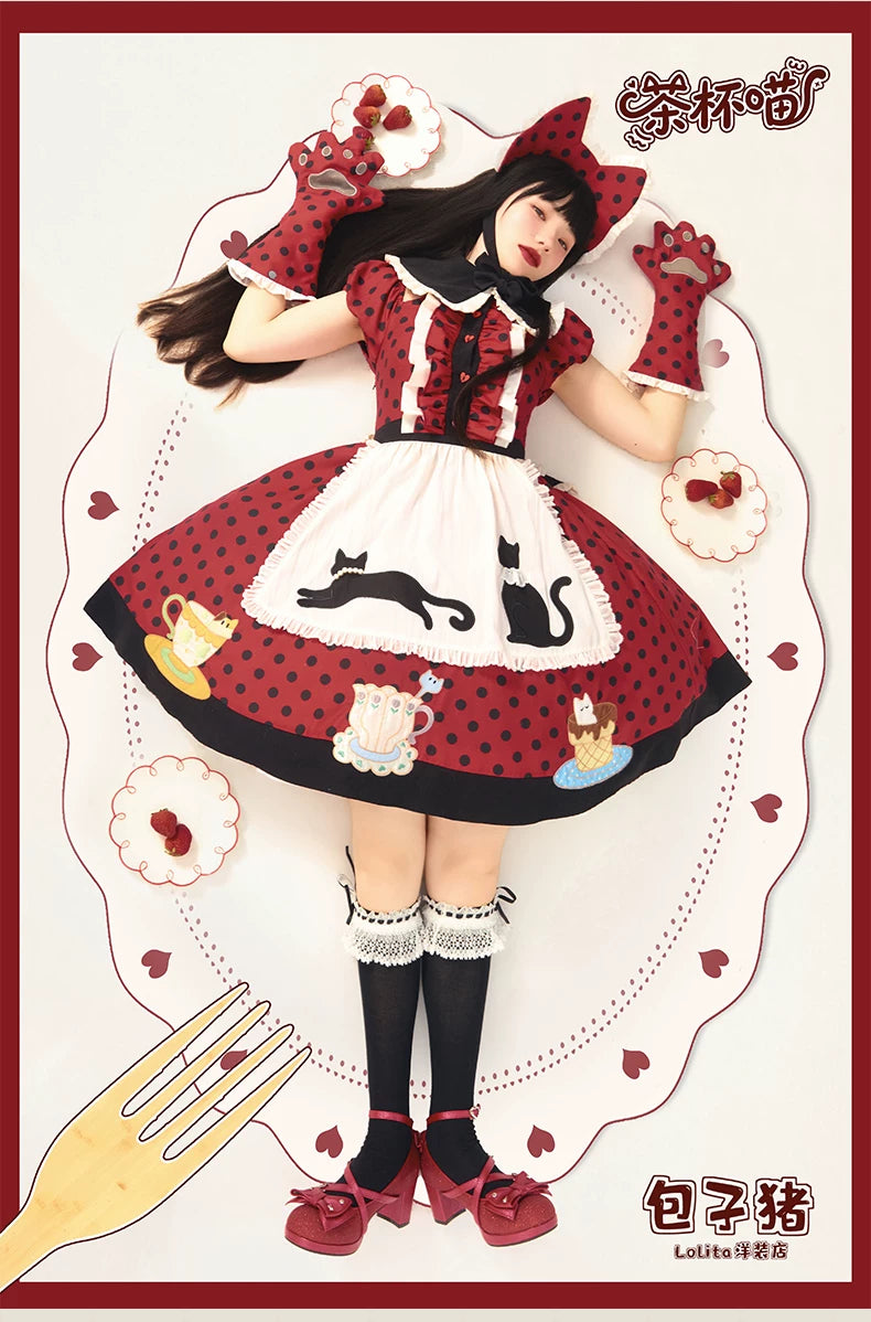 Teacup Meow - Old School Lolita Polka Dot OP Dress, Cat and Teacup Patch 45490:852652