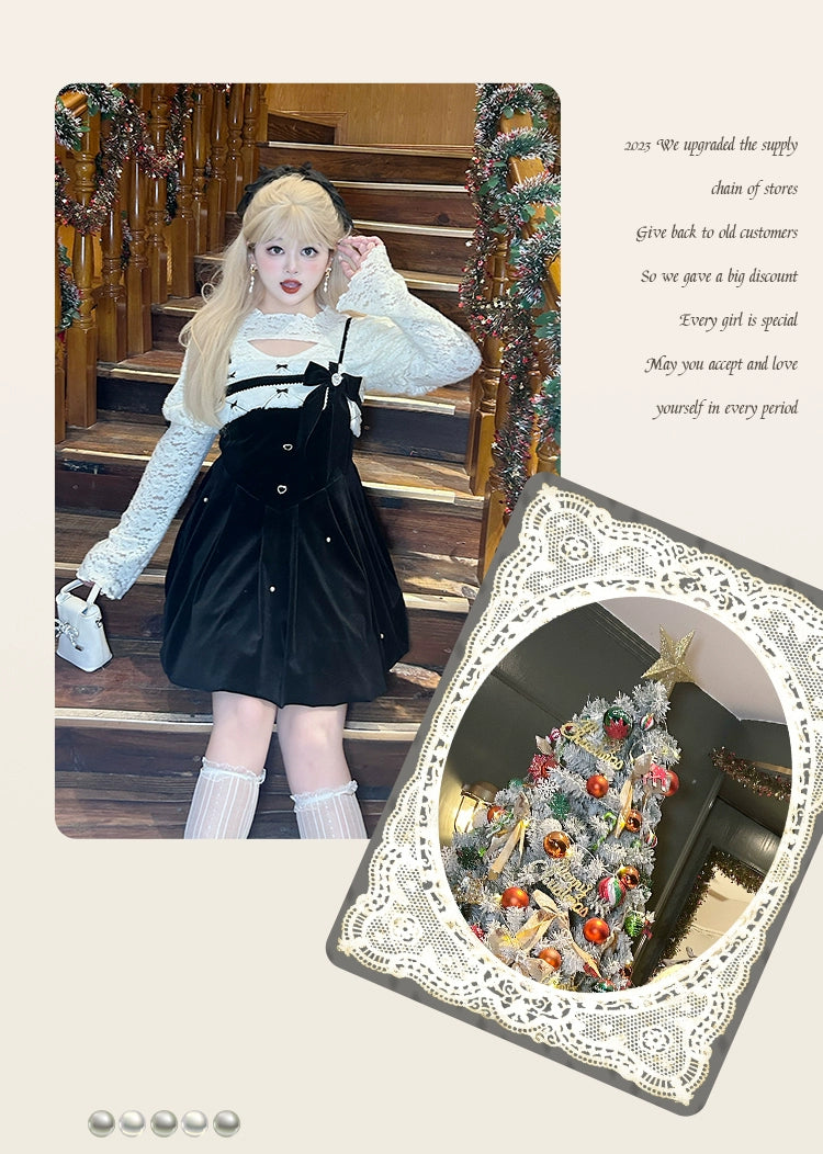 Yingtang~Plus Size Elegant Velvet Lolita Bud Dress Set   
