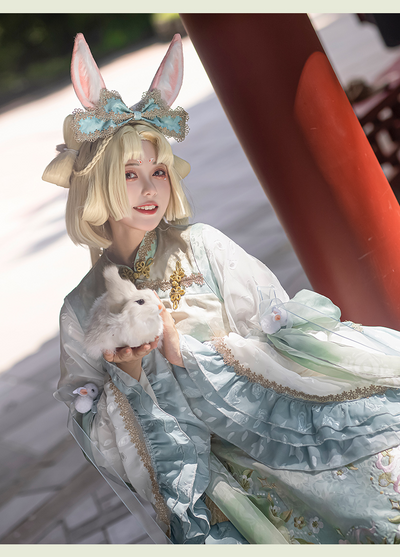 NanshengGe~Touch The Moon~Han Lolita Plus Size Rabbit Embroidery Dress M blue headdresses 