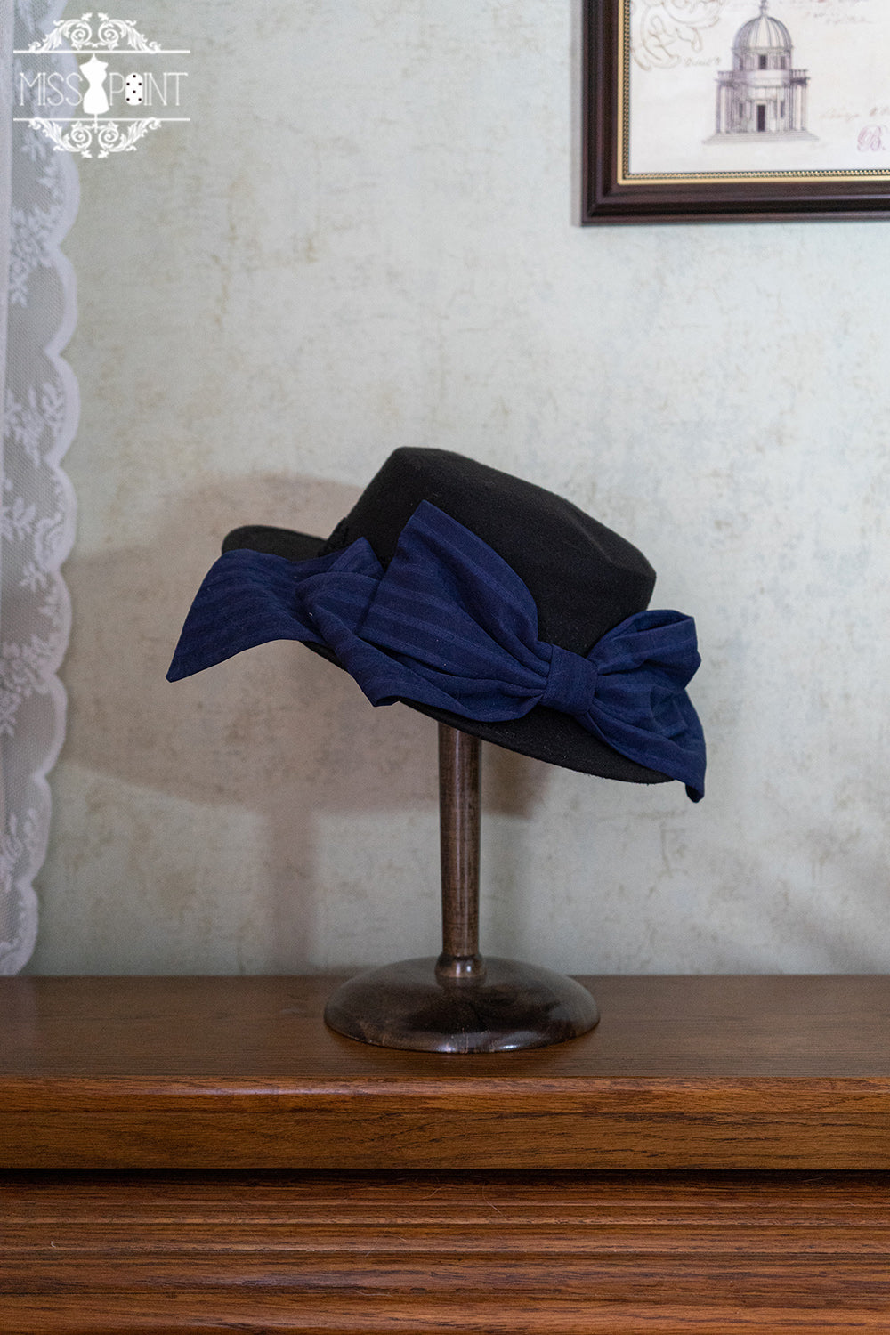 (Buyforme)Miss Point~Stripped Lolita Headband Veil Hat Clip Necklace navy blue top hat  