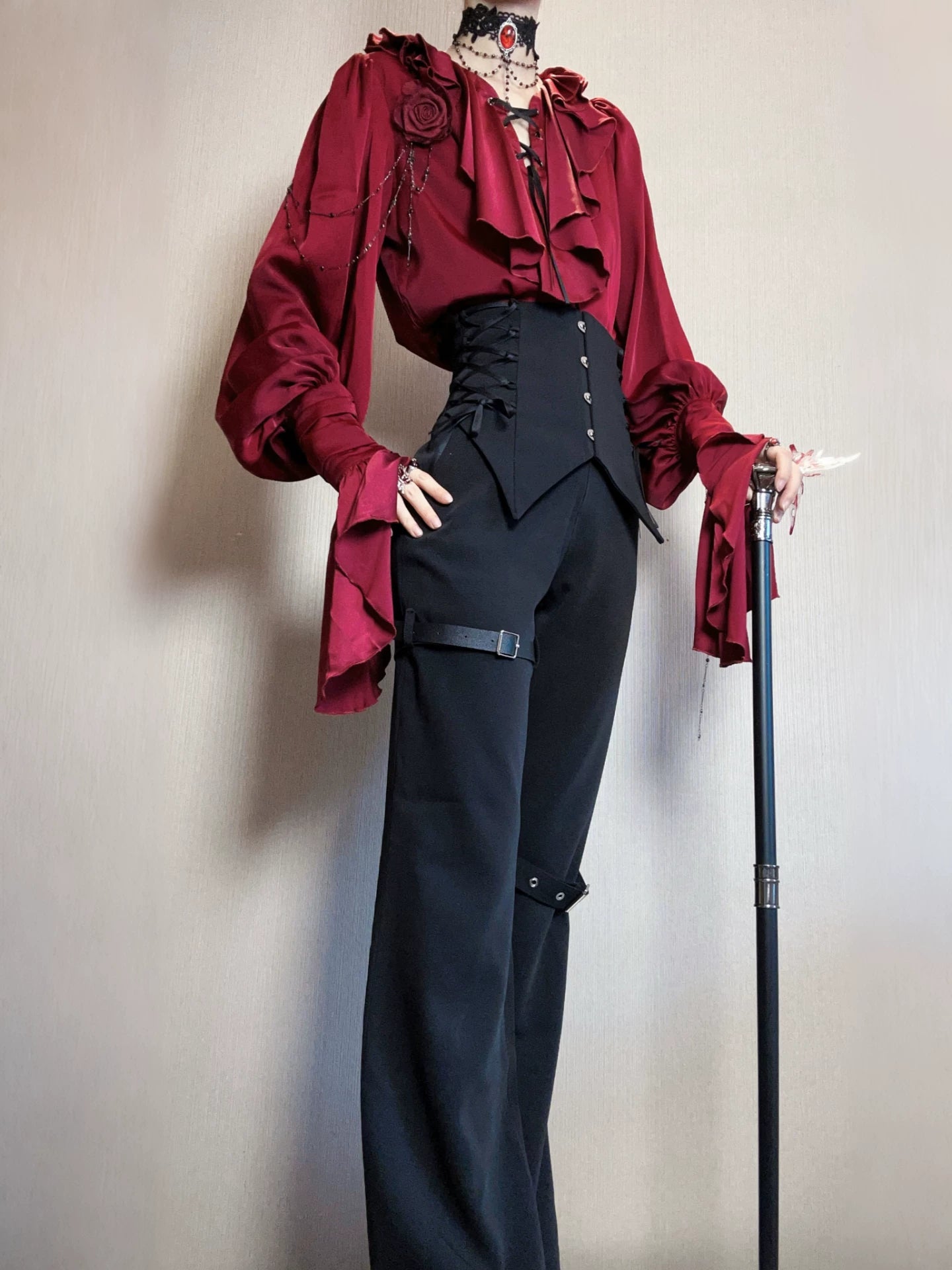 Ouji Lolita V-Line Backless Blouse & Slight Flare Pants 45671:858326