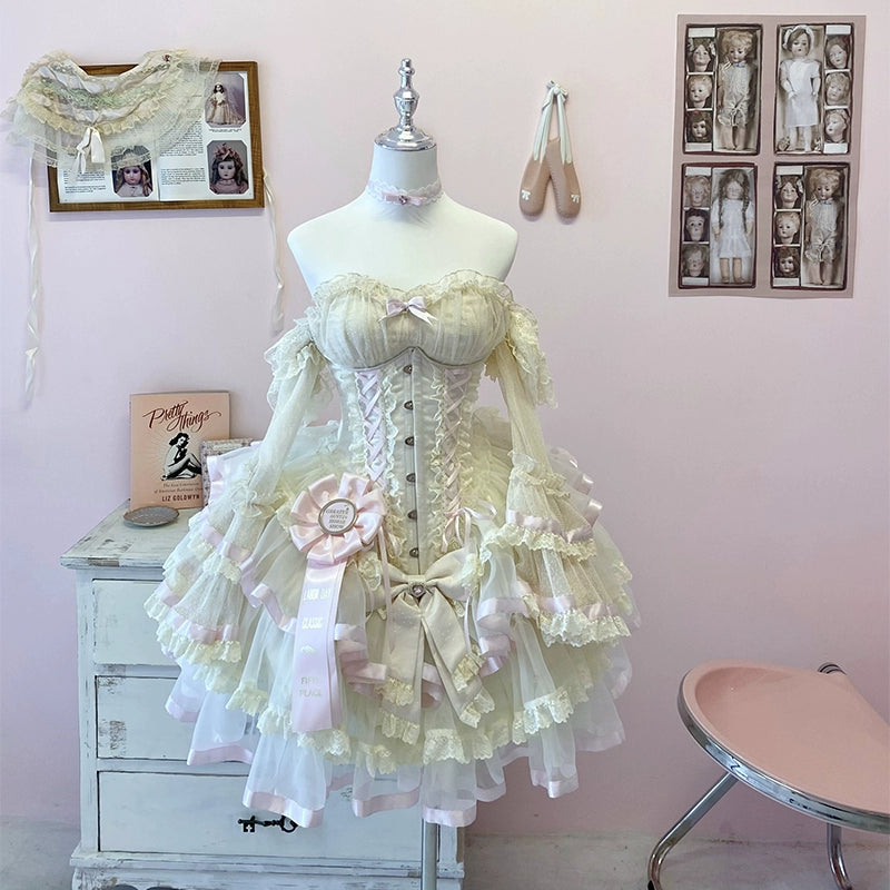 Diamond Honey~Sweet Dream Ribbon~Sweet Lolita Dress Ballet Ribbon Romantic Dress Set S Skirt 