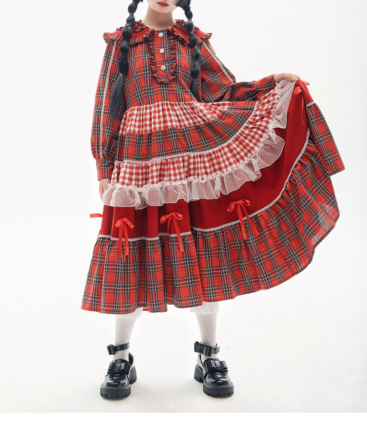 (BFM)Soso Meme Club~Vintage Lolita OP Dress Red Lolita Plaid Dress for Spring Summer   