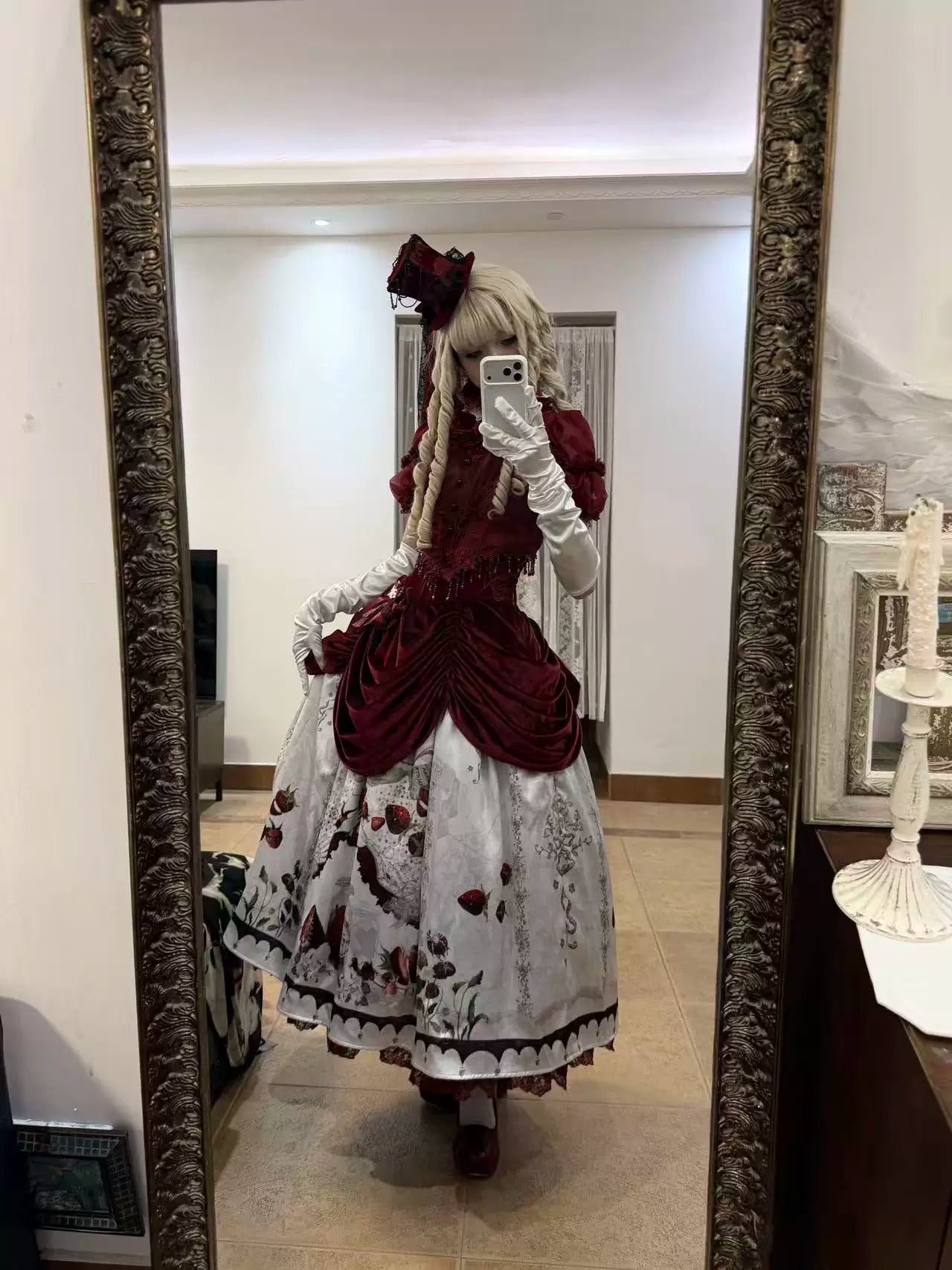 Monster Strawberry Hunt - Gothic Lolita Strawberry Printed Velvet Dress Set 45737:859873