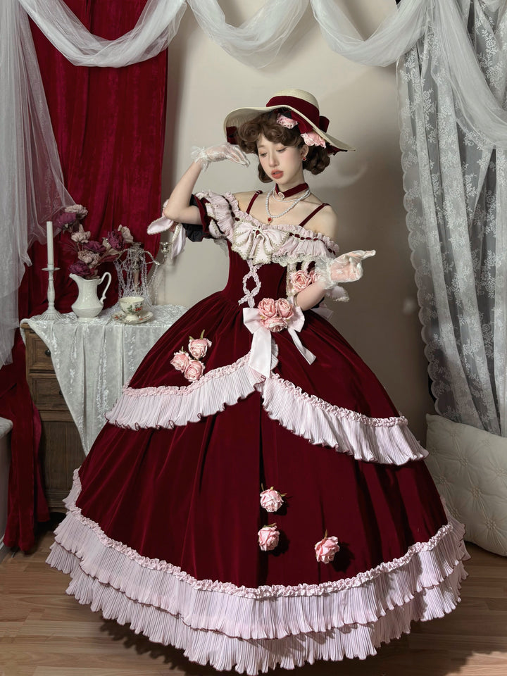 Meowing and fruity~Rose Ode~Retro Elegant Lolita Satin OP with Rose Decorations