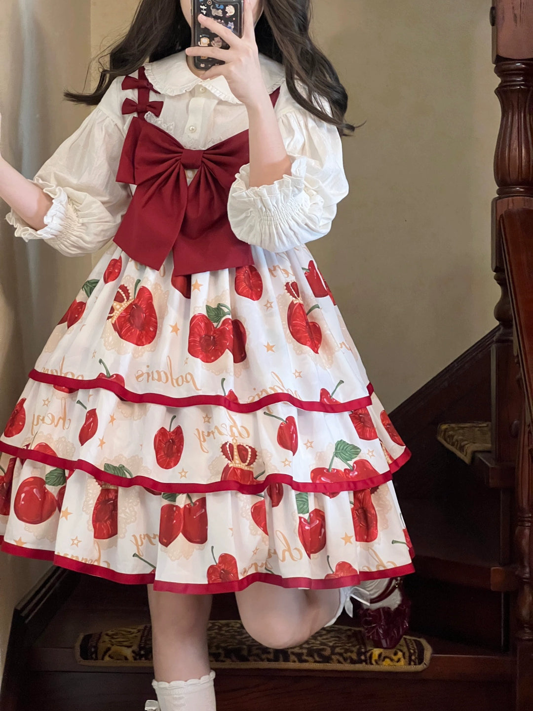 Polaris Lolita~Cherry Crown~Sweet Lolita JSK Three-tiered Skirt Dress